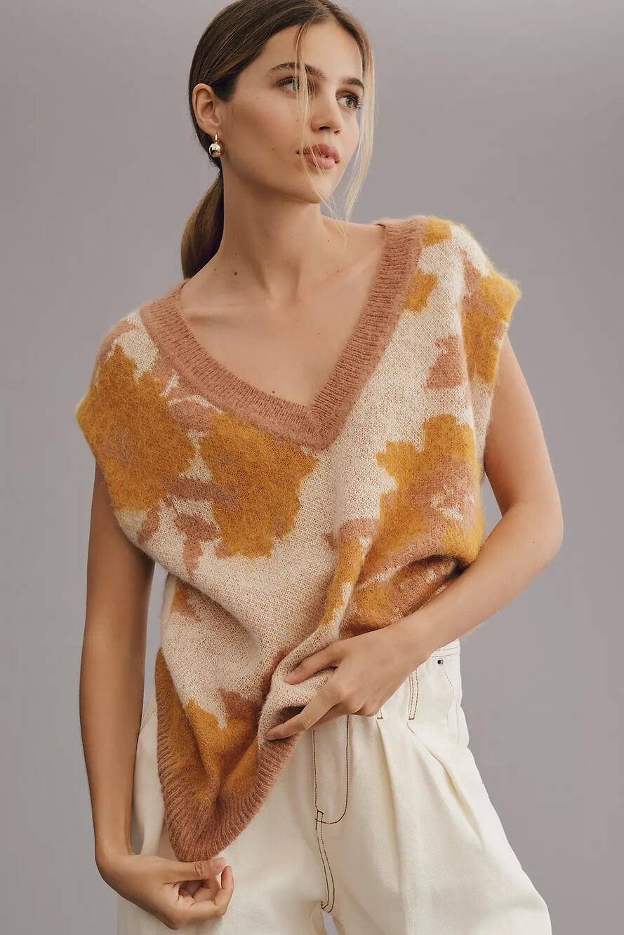 Anthropologie Maeve Plunging Loopy Floral Sweater Vest Oversized Medium